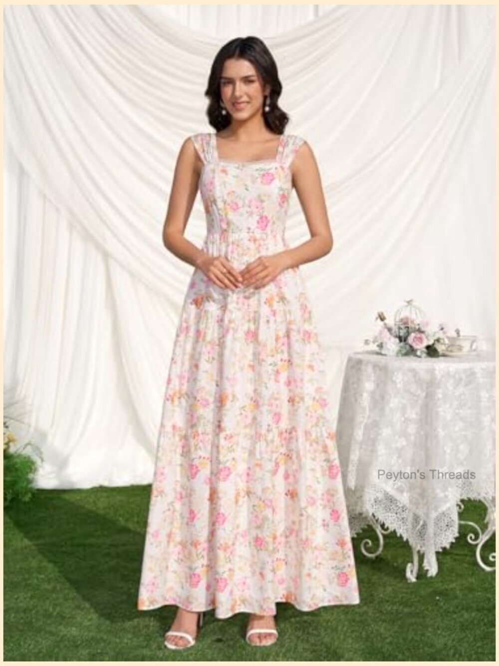 Floral Maxi Dress Lace Up Square Neck Flowy A-Line Wedding Guest Dress - Picture 4 of 7